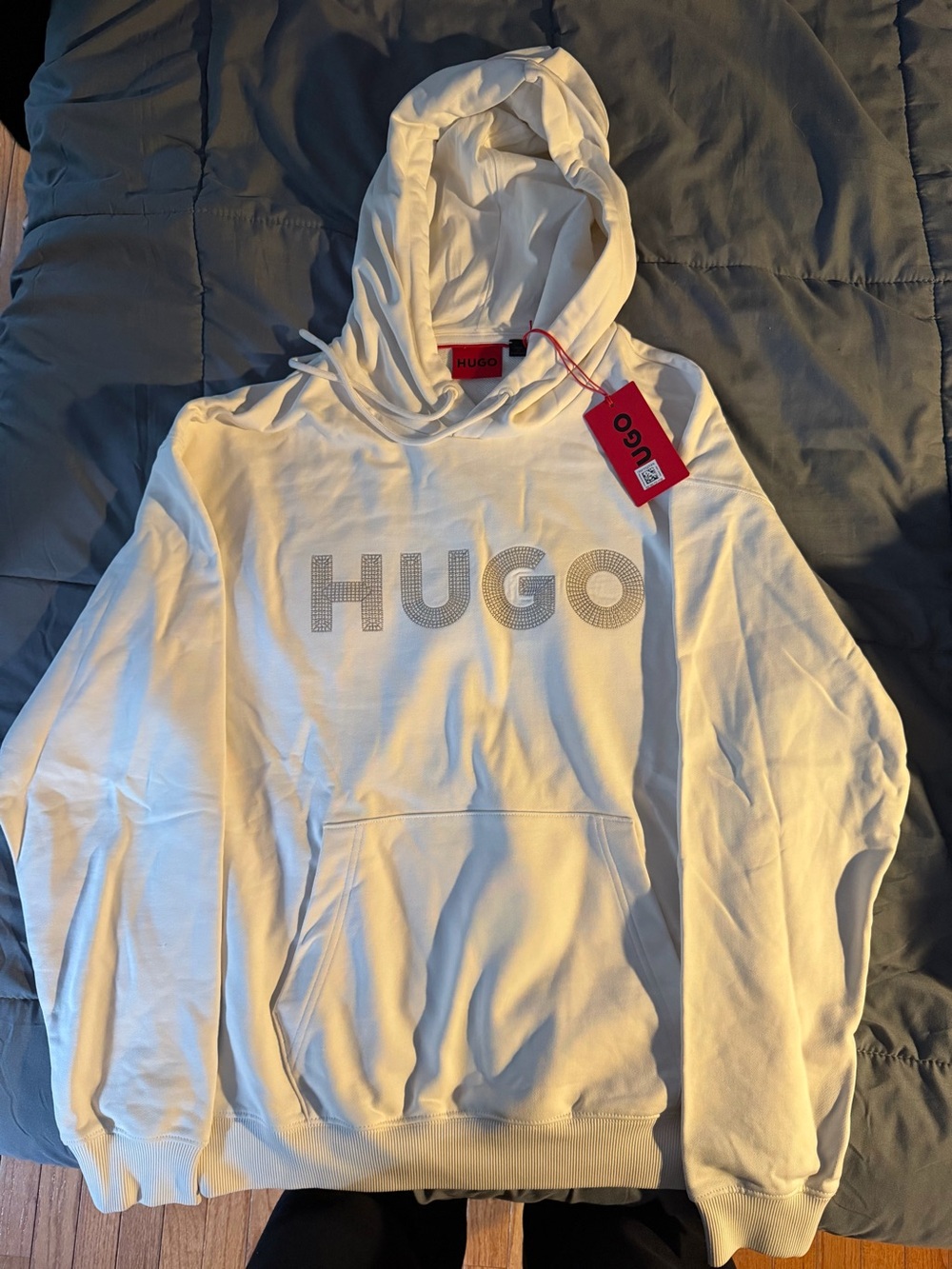 Hugo Boss White Hoodie with Rhinestone HUGO Logo